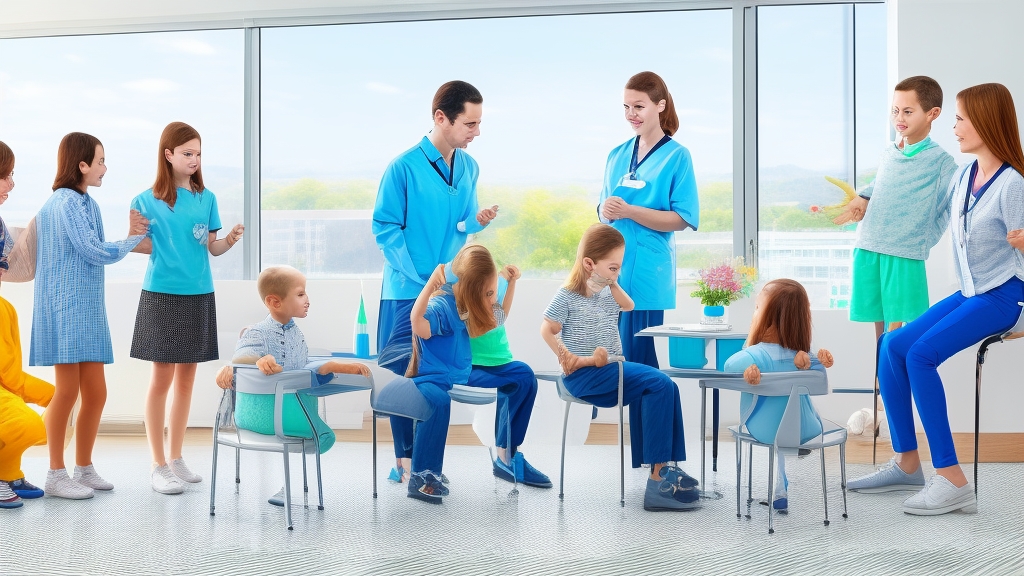 Egészségügyi szakember magyarázza légtisztító előnyeit családnak gyermekekkel és idős tagokkal modern klinika környezetben