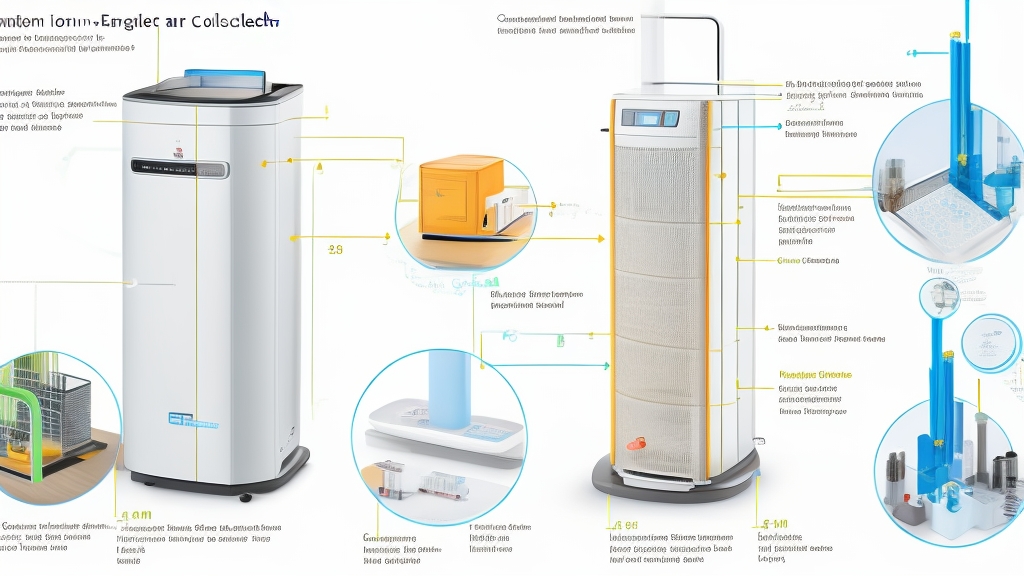 Ionizátor légtisztító keresztmetszeti diagramja negatív ion generálással és részecske töltési folyamattal