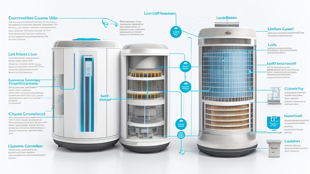 Modern kombinált légtisztító keresztmetszeti nézete HEPA szűrővel, aktív szén réteggel, UV-C lámpával és ionizátorral