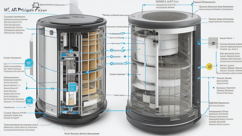Többlépcsős légtisztító szétrobbantott nézete rétegezett szűrőrendszerrel előszűrő HEPA aktív szén UV-C légáramlási nyilakkal