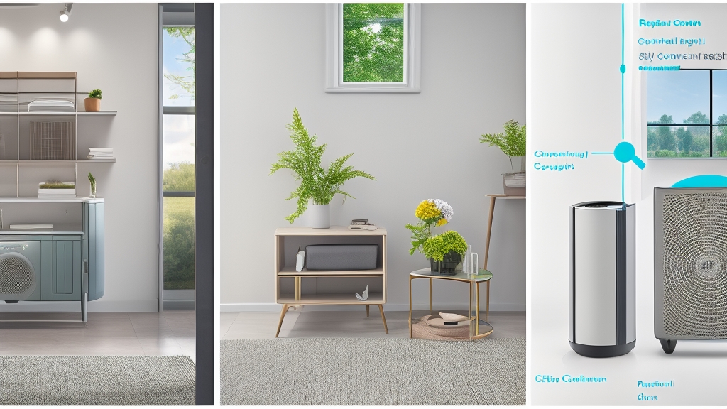 Összehasonlító kép a helytelen és helyes légtisztító elhelyezésről légáramlási mintákkal és nyilakkal