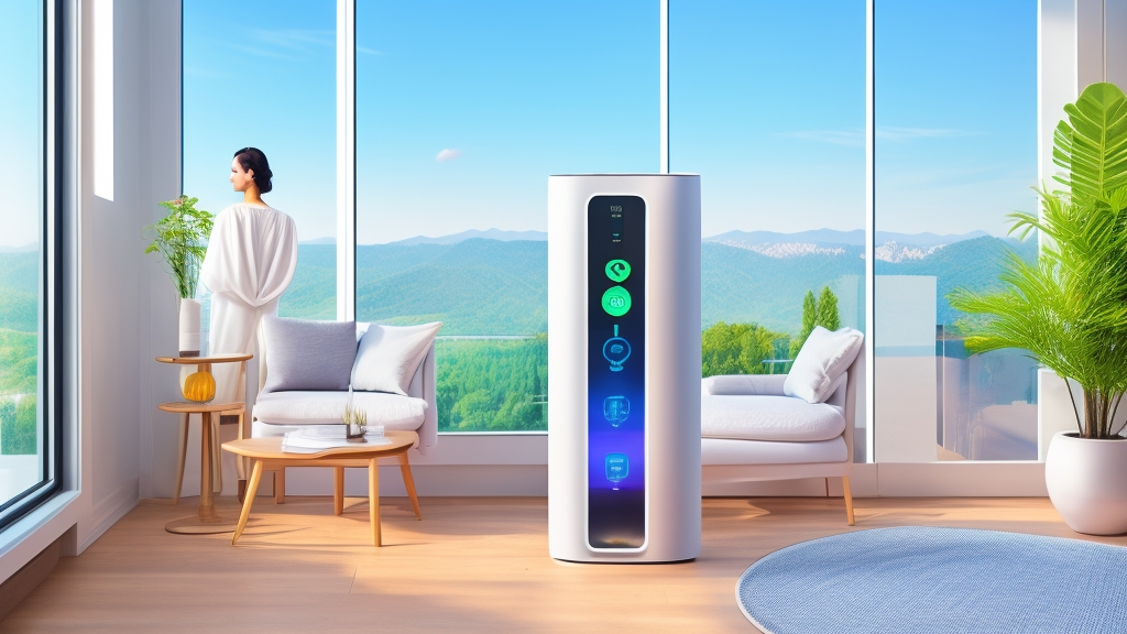 Modern okos légtisztító digitális kijelzővel levegőminőség adatokkal és mobil alkalmazás vezérléssel